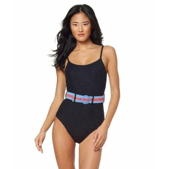 Jessica Simpson Black Ribbed Belted One Piece Swim - Picture 1 of 2